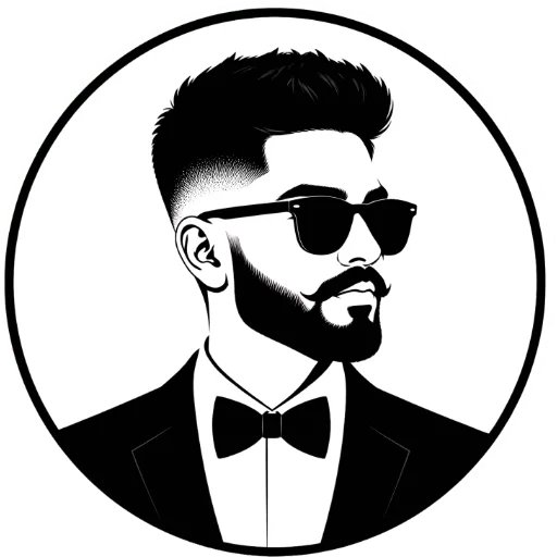 Low Taper Fade brand logo - cool mens hairstyle, beard, and bowtie illustration